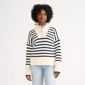 Lands End Drifter Cotton Striped Coastal Quarter Zip Pullover Sweater Size Small